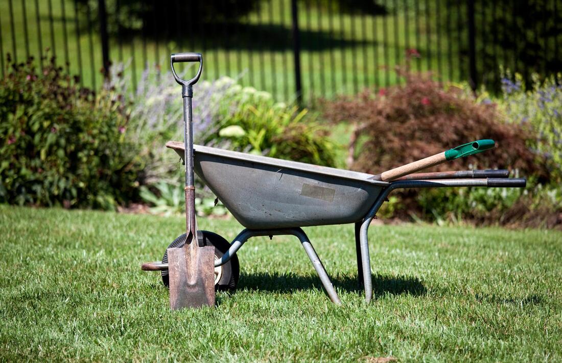 a shovel, gardening tool and cart 